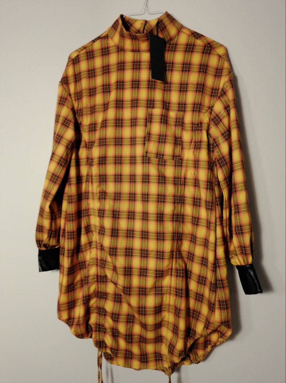 NWT AKIRA Yellow Plaid Long Sleeve Dress Faux Leather Cuffs S/M